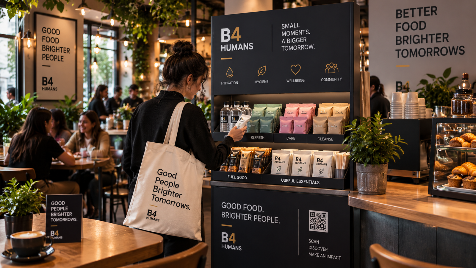 B4HUMANS café and restaurant campaign environment — useful products and brand experience