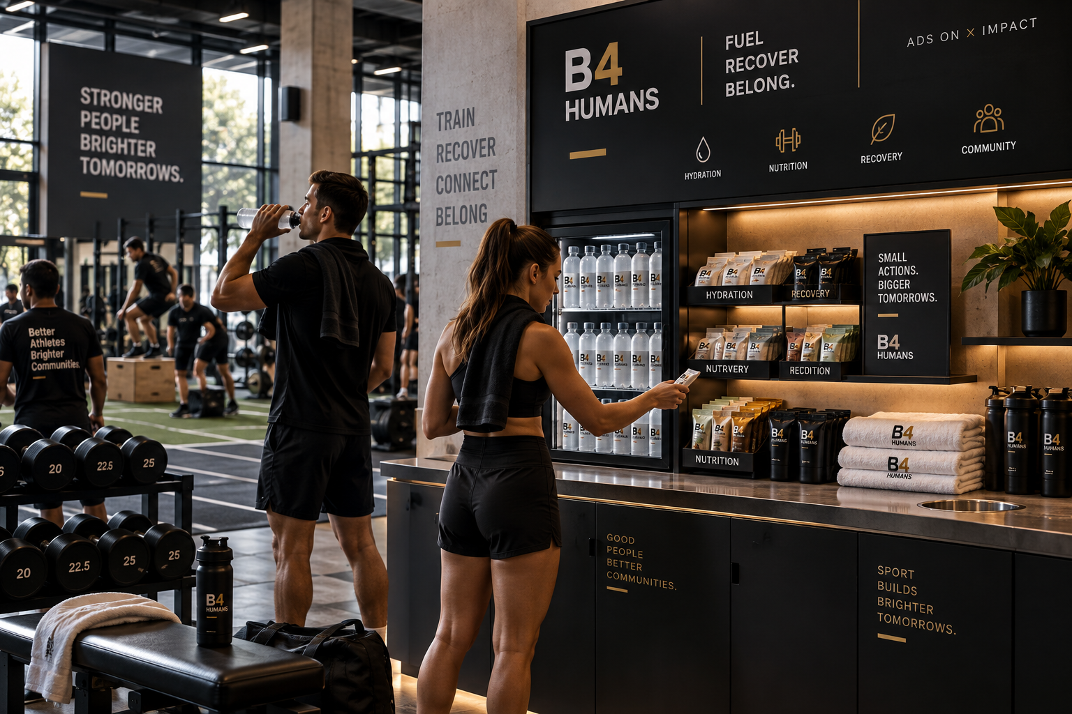 B4HUMANS sports club campaign environment — hydration, nutrition and recovery activation