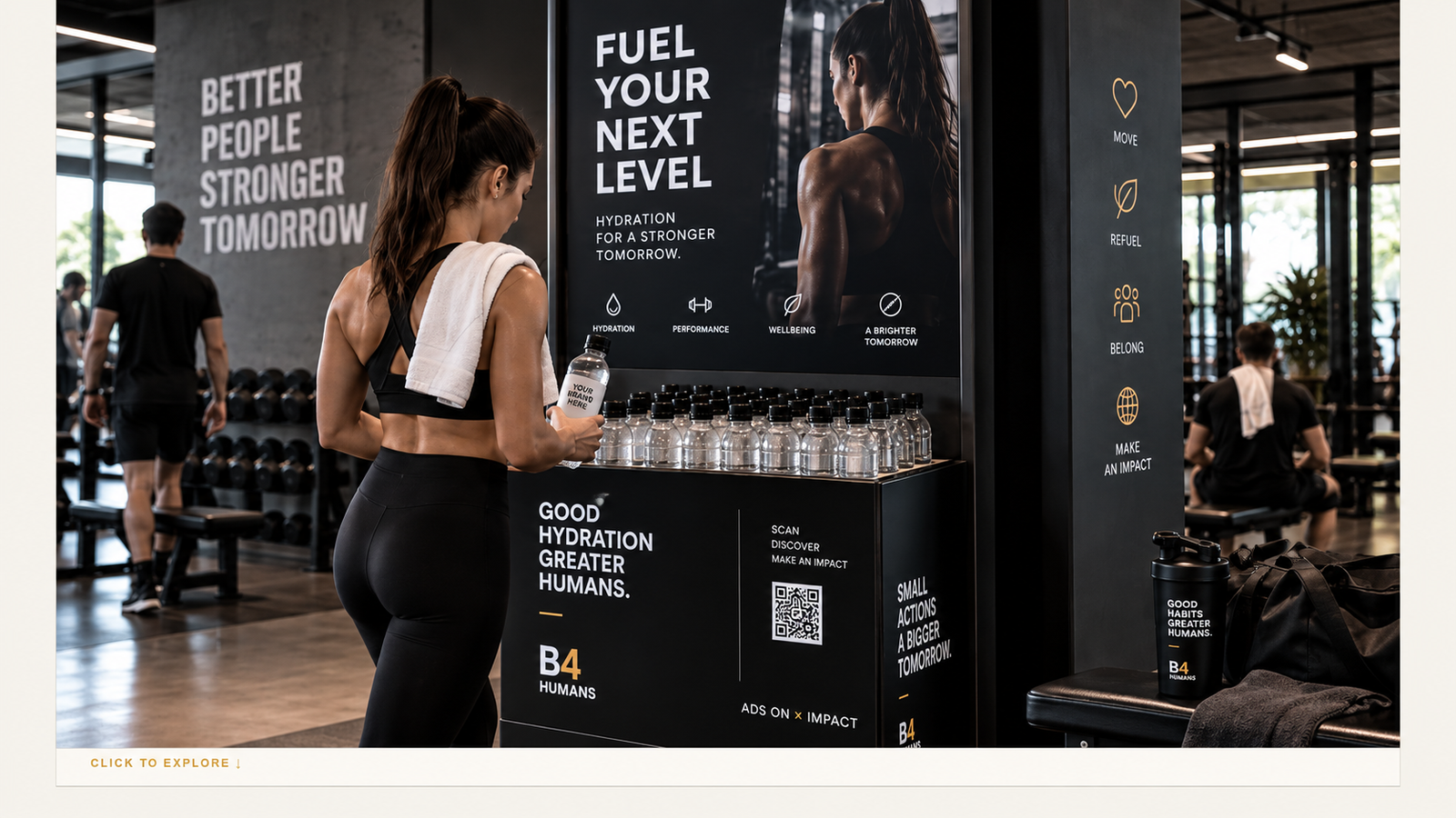 Illustrative B4HUMANS gym campaign — hydration activation